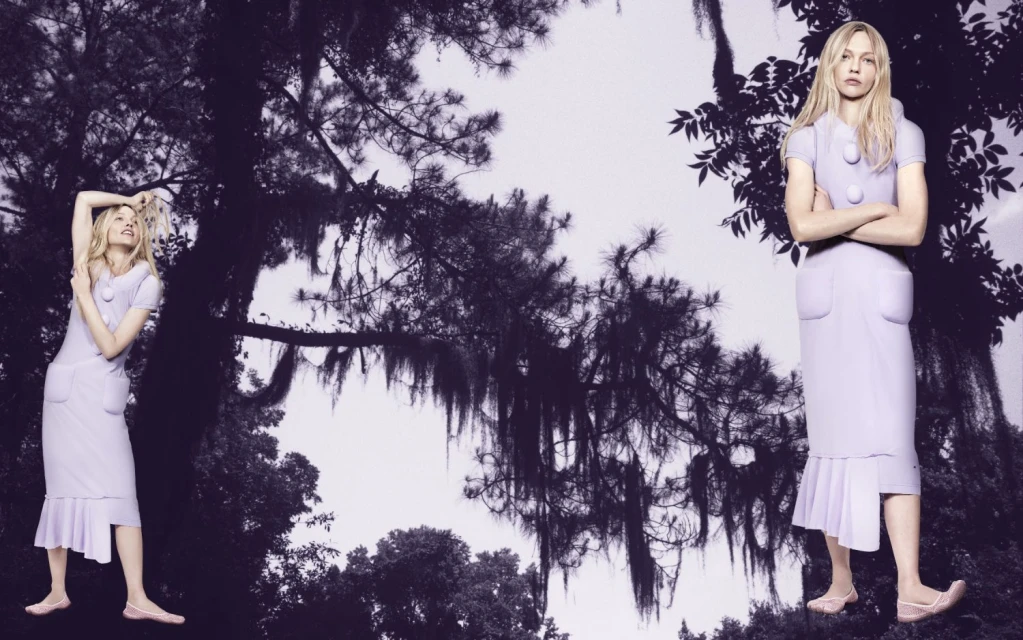 Fashionable woman in a lilac dress strikes a pose amidst a digitally manipulated forest background, creating a surreal, dreamy aesthetic.