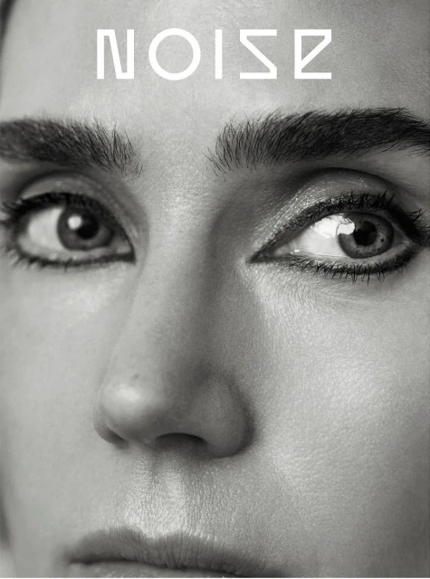 Monochromatic close-up of a woman's face featuring her eyes, nose, and mouth, with the word 'Noise' displayed above her forehead.
