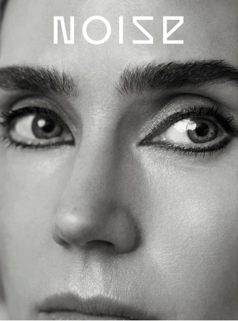 Monochromatic close-up of a woman's face featuring her eyes, nose, and mouth, with the word 'Noise' displayed above her forehead.