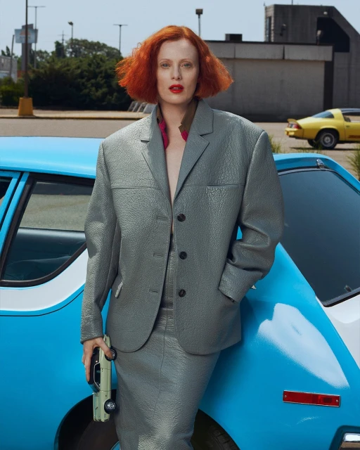 Adult woman with red hair in a gray suit, holding a toy car, leans against a vintage turquoise car in an outdoor parking lot.
