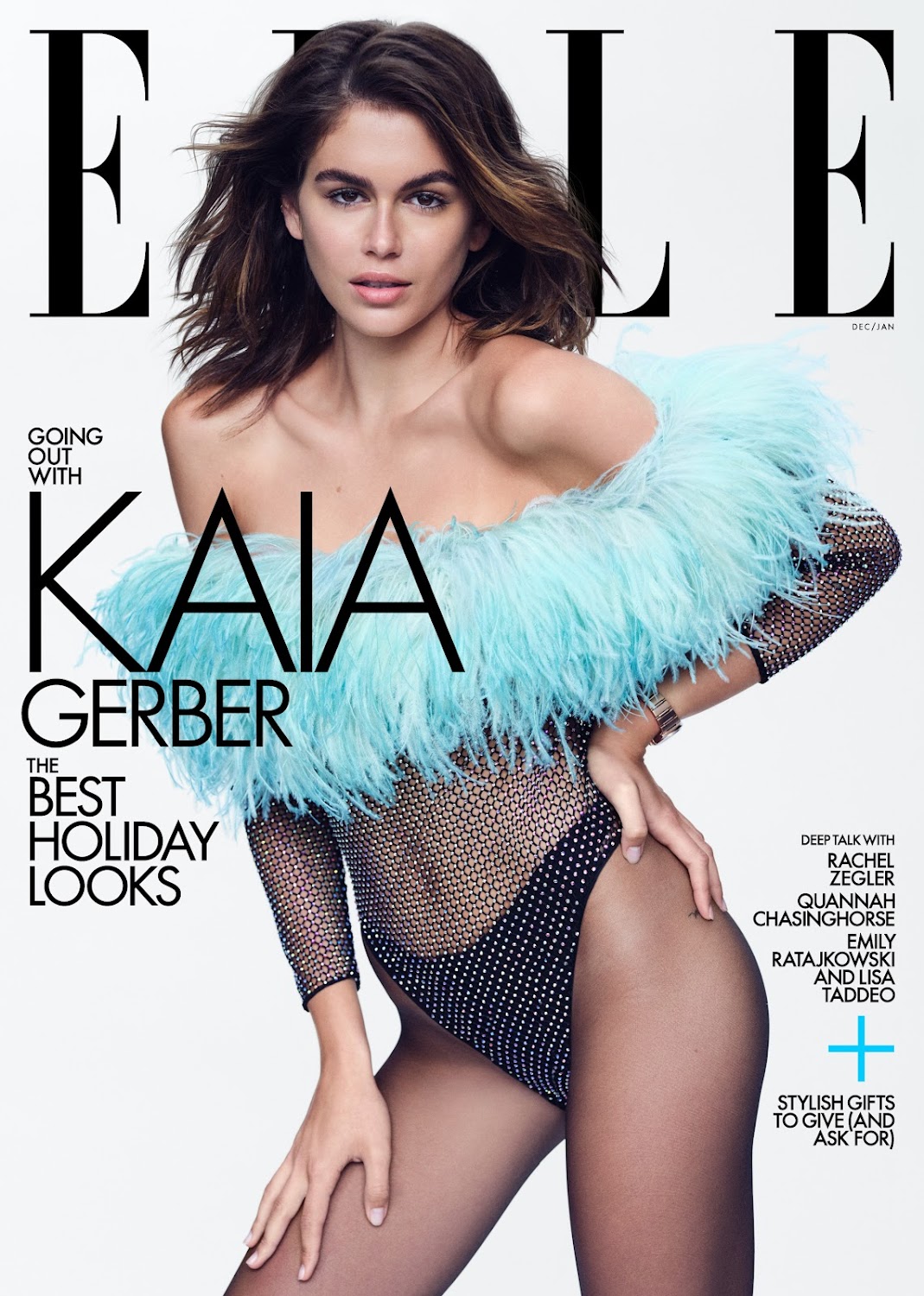Elle magazine cover featuring model Kaia Gerber in a shimmering bodysuit with feathered trim against a clean white backdrop.