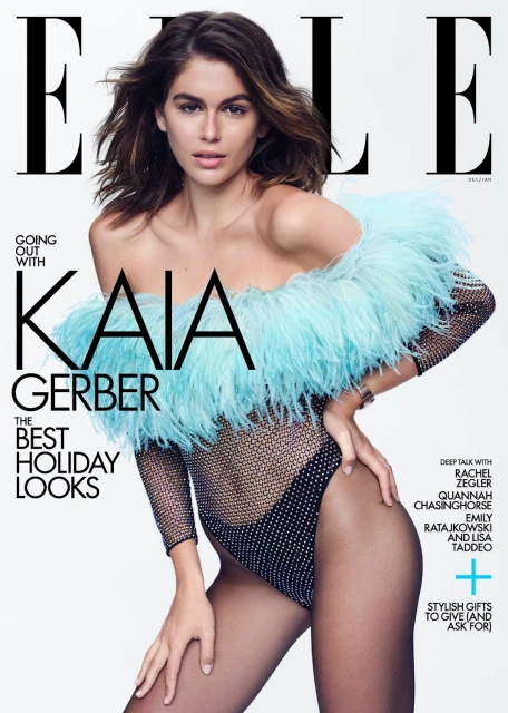 Elle magazine cover featuring model Kaia Gerber in a shimmering bodysuit with feathered trim against a clean white backdrop.