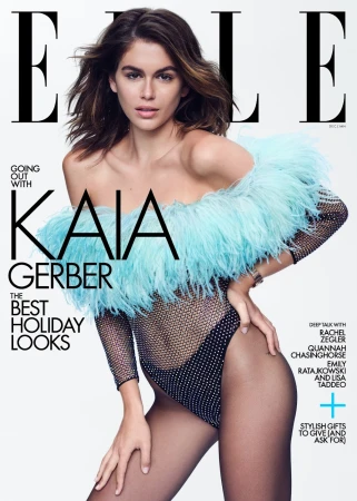Elle magazine cover featuring model Kaia Gerber in a shimmering bodysuit with feathered trim against a clean white backdrop.