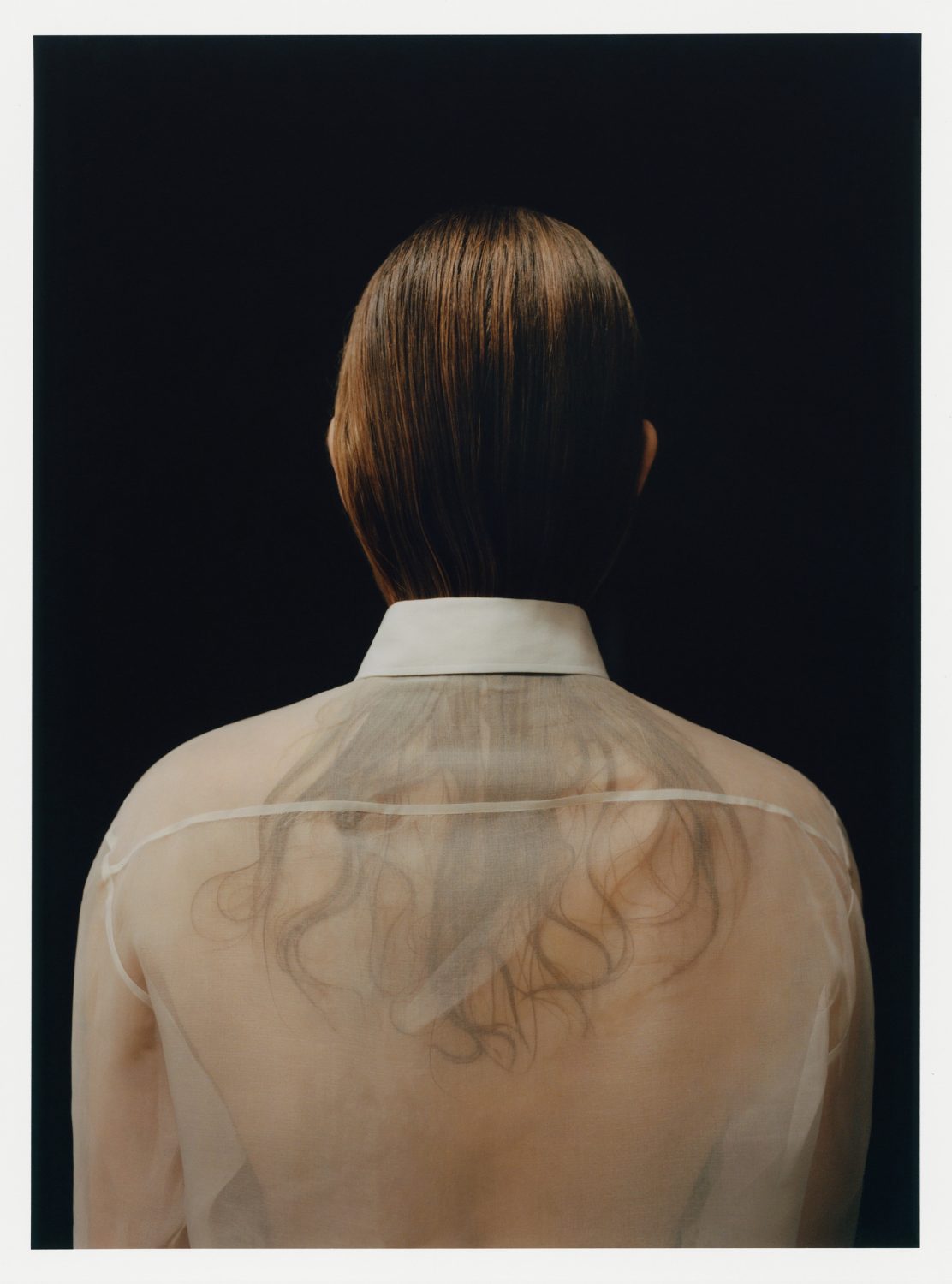 Back view of an adult with short brown hair, wearing a sheer shirt with a white collar, set against a solid black background.