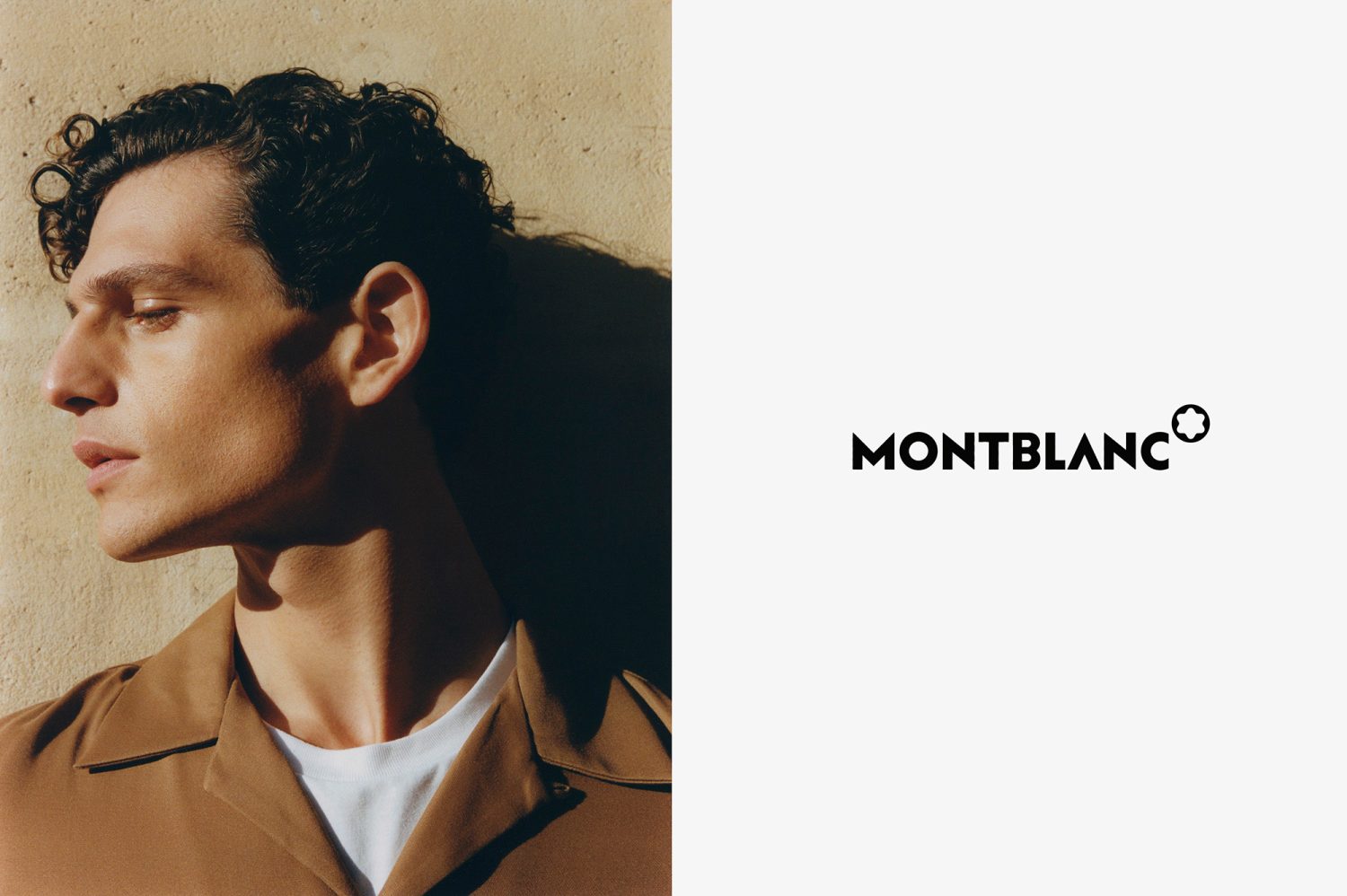 Profile of an adult male in brown shirt, with visible Montblanc logo on a white background to the right of the model's face.