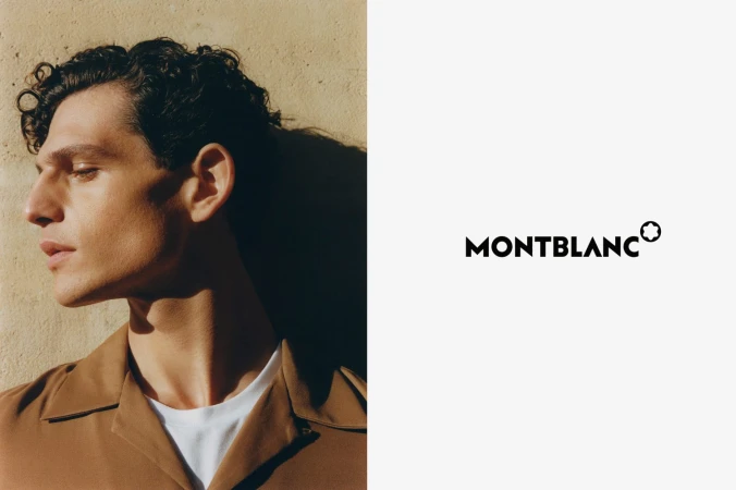 Profile of an adult male in brown shirt, with visible Montblanc logo on a white background to the right of the model's face.