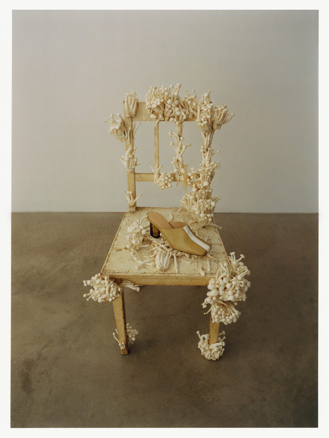 Beige heeled mule placed on a decorated beige chair, accented with dried flowers against a neutral studio backdrop. Product shot.