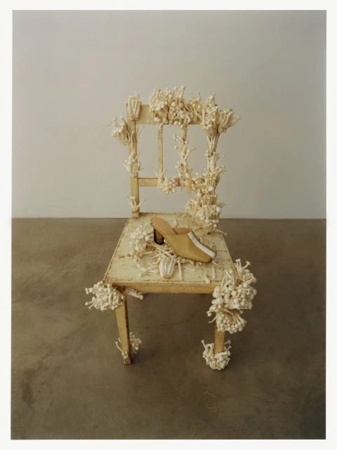 Beige heeled mule placed on a decorated beige chair, accented with dried flowers against a neutral studio backdrop. Product shot.