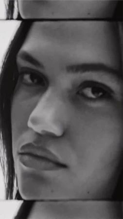 Close-up portrait of a woman in monochrome, featuring multiple vertically layered crop frames focusing on her face.