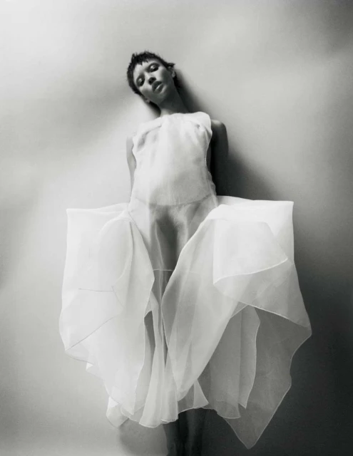 Woman in translucent white dress poses against light wall in a high-angle, black-and-white fashion portrait with soft lighting.