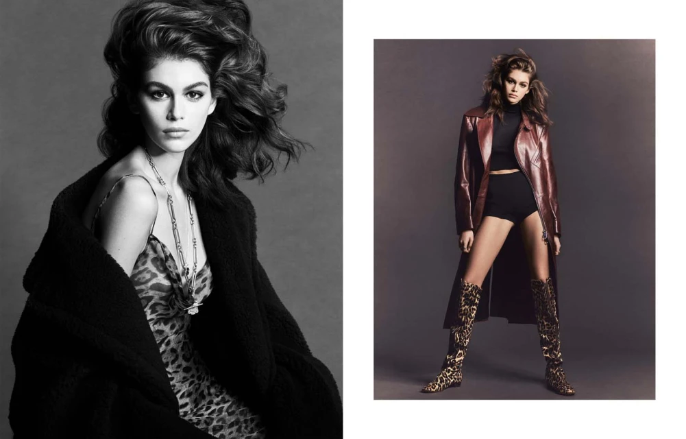 Two fashion portraits show a young adult female model wearing a black coat and a leopard print dress, as well as a red jacket and leopard print boots.