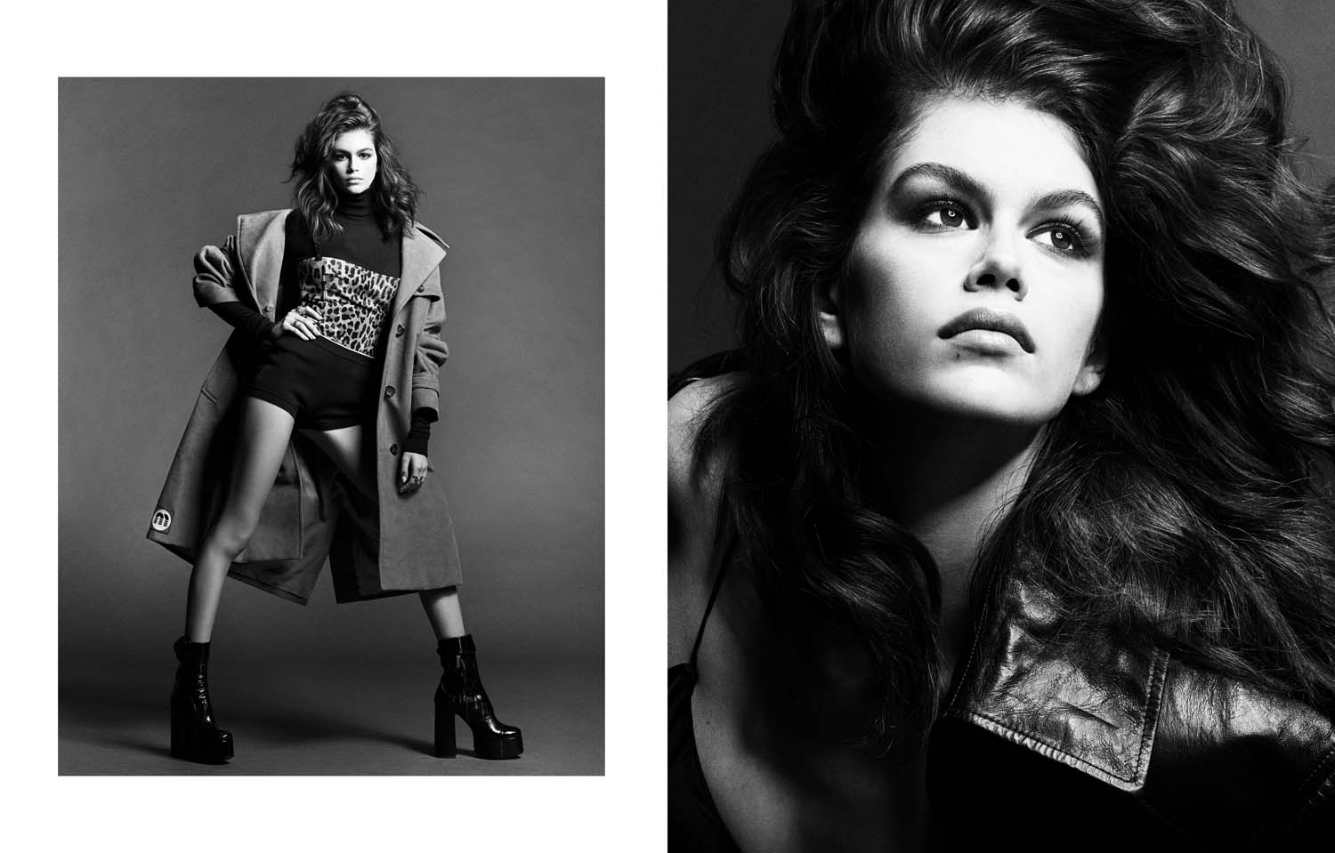 Black and white studio shot of a fashion model in a coat, animal print top, and platform boots, with a cropped headshot detail.