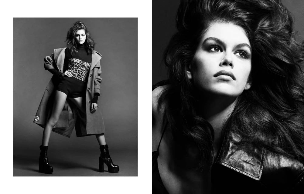 Black and white studio shot of a fashion model in a coat, animal print top, and platform boots, with a cropped headshot detail.