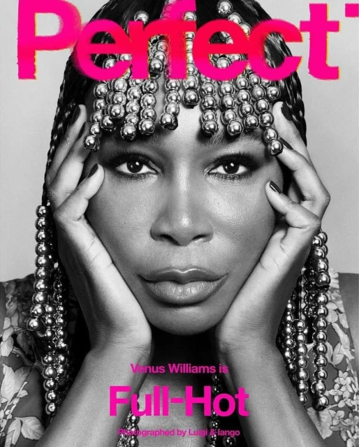 Close-up shot of Venus Williams on a magazine cover, adorned with beaded headwear, in black and white with pink text.