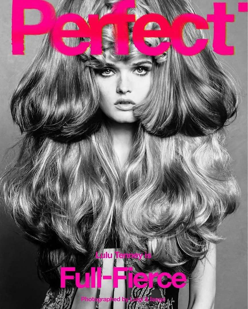 Editorial fashion shot featuring a model with elaborate blonde hair styled in large wavy sections, against a grey backdrop, magazine cover.