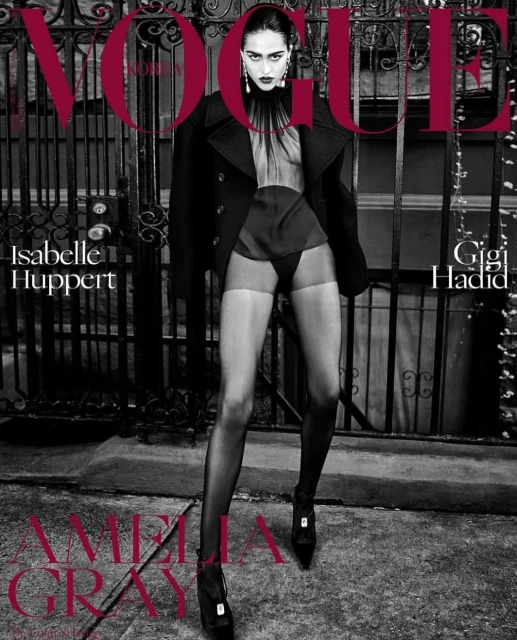 Fashion magazine cover featuring a model in a black coat and sheer lingerie, set against a wrought iron fence and city street backdrop.