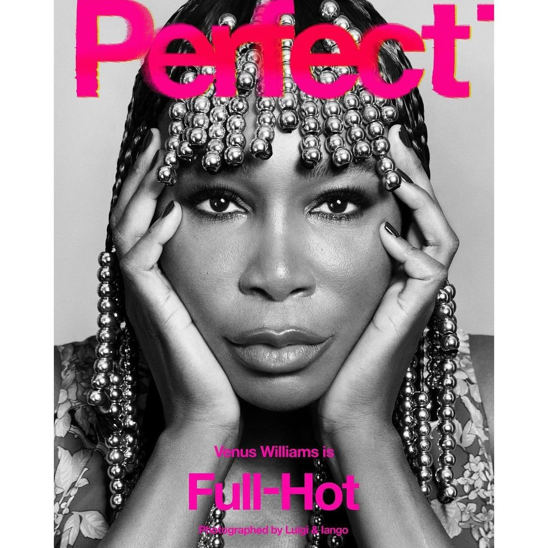 Black and white portrait of Venus Williams on magazine cover, wearing silver beaded headpiece, with hands on cheeks.