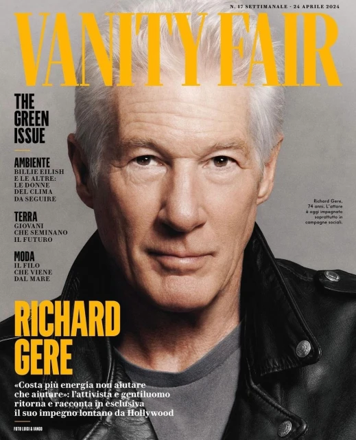 Vanity Fair magazine cover featuring a close-up portrait of actor Richard Gere wearing a black leather jacket and gray shirt, gazing at the camera.