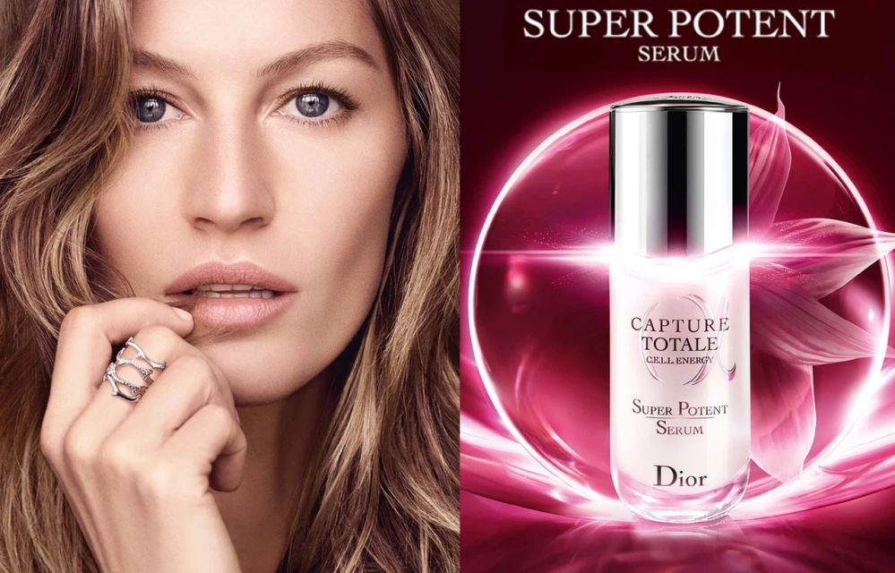 Advertisement for Dior Capture Totale Super Potent Serum featuring a model with long wavy hair and a close-up of the product bottle.