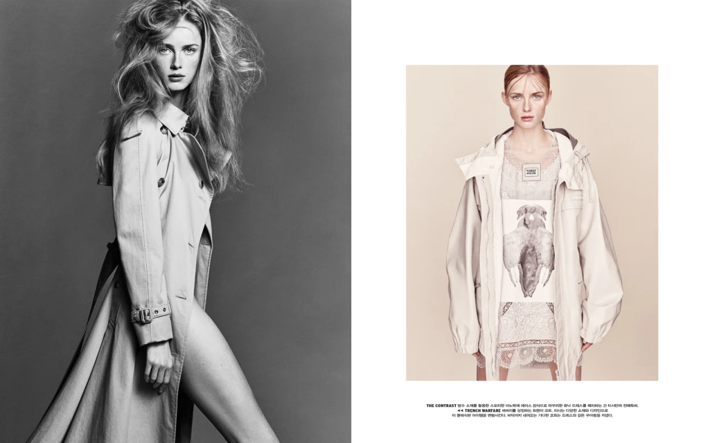 Two images side-by-side: a woman in a trench coat and a woman in a hooded jacket, shot in a photo studio.