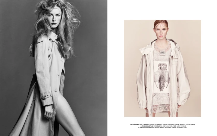 Two images side-by-side: a woman in a trench coat and a woman in a hooded jacket, shot in a photo studio.