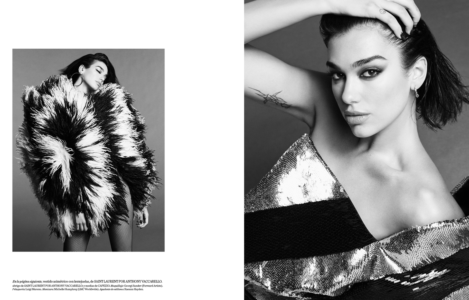 Black and white editorial portrait of Dua Lipa wearing a sequined top and feathered coat photographed by Luigi and Iango.
