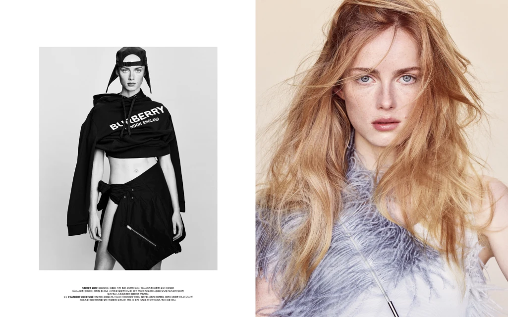 Fashion editorial shot featuring a woman in a cropped hoodie and skirt in black and white, and close-up of a woman with long hair.