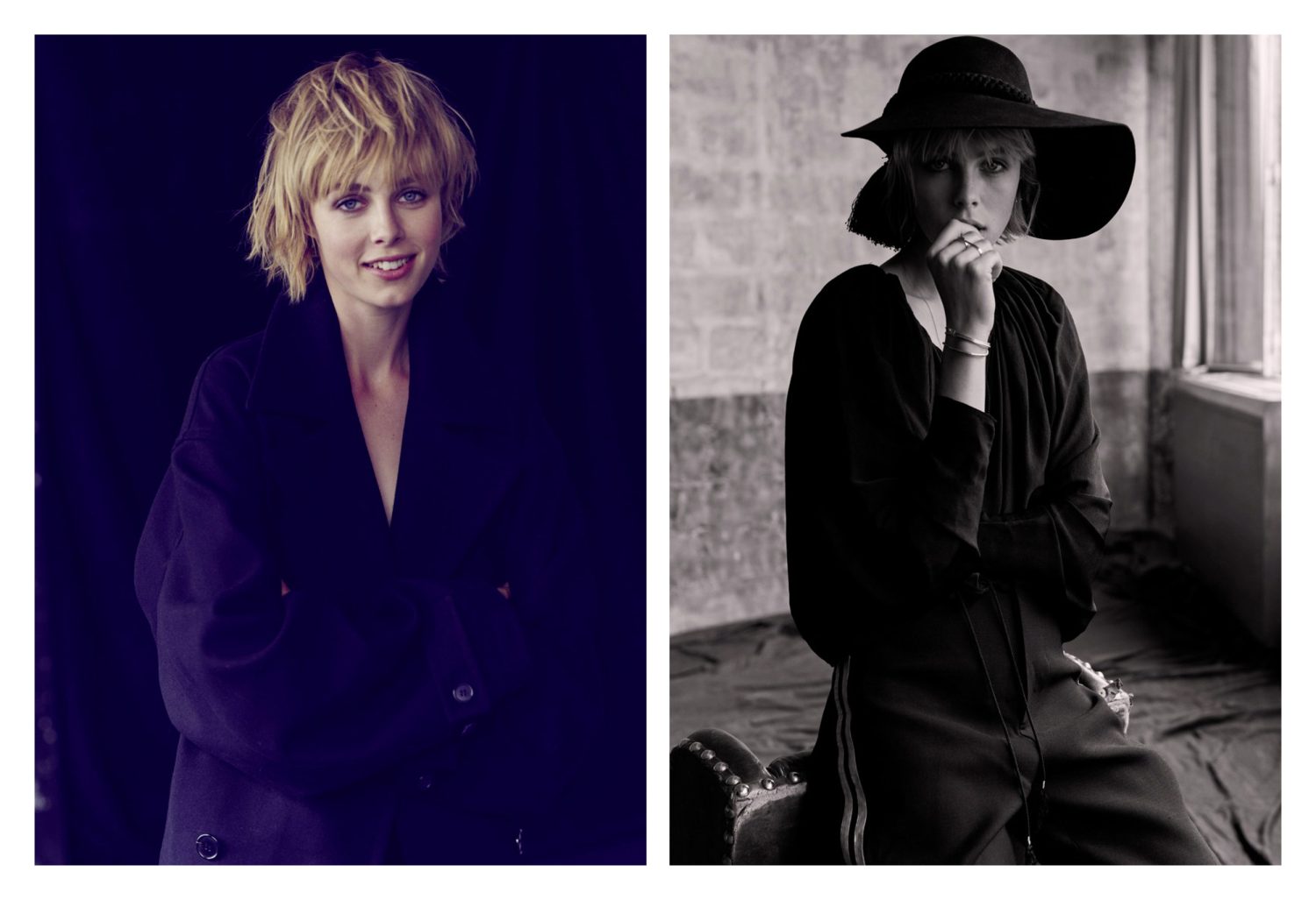 Two portraits of a woman with short blonde hair in one and a floppy hat in the other, wearing elegant dark clothing against contrasting backgrounds.