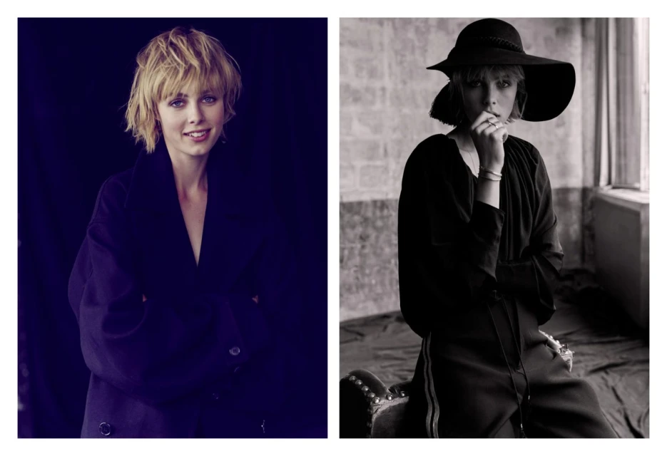 Two portraits of a woman with short blonde hair in one and a floppy hat in the other, wearing elegant dark clothing against contrasting backgrounds.