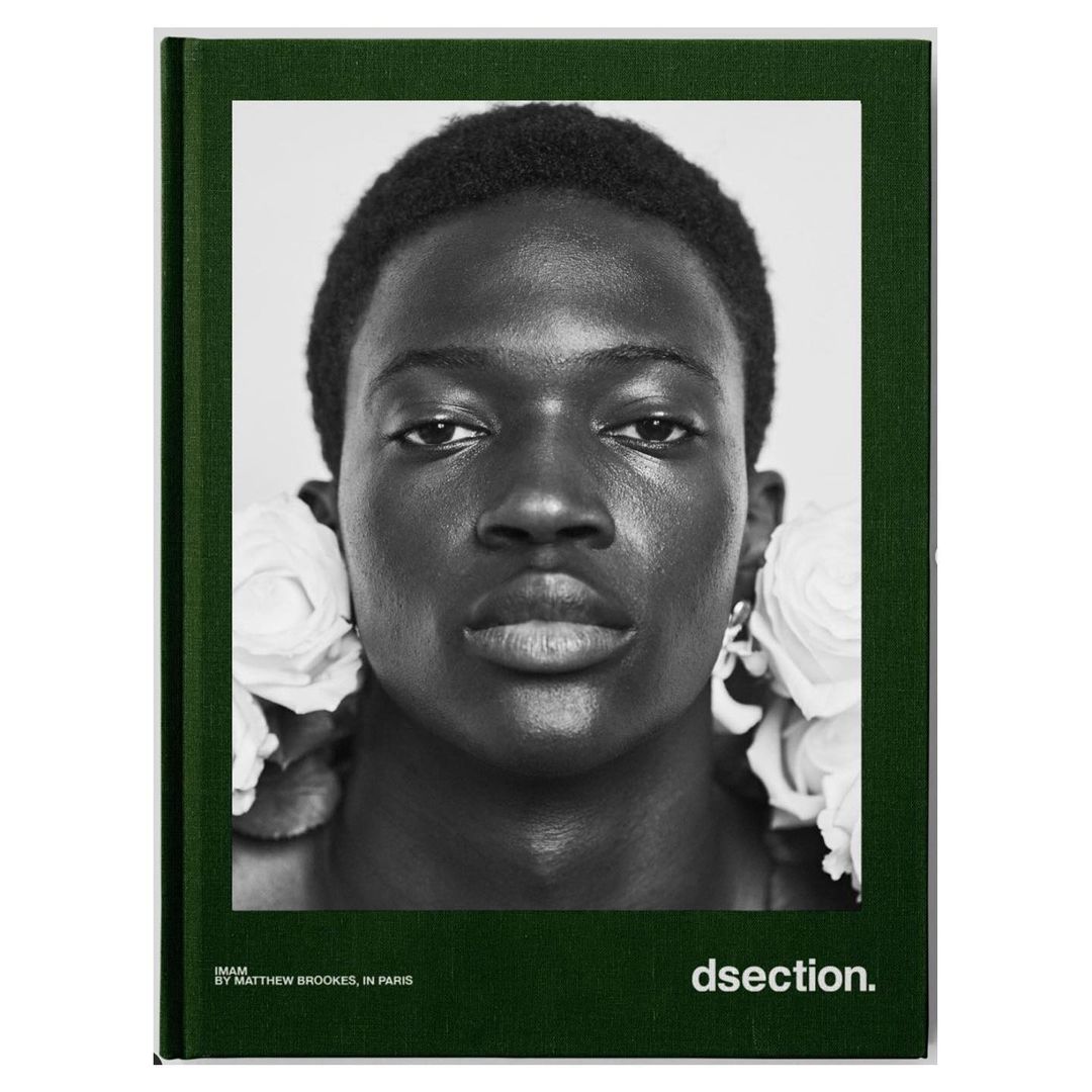 Book cover with close-up portrait of an African American person adorned with white flowers and featuring the text 'dsection'.