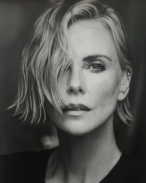 Monochrome portrait of adult woman with short, layered blonde hair, fair skin, and dark eyes, in a close-up headshot against a dark backdrop.