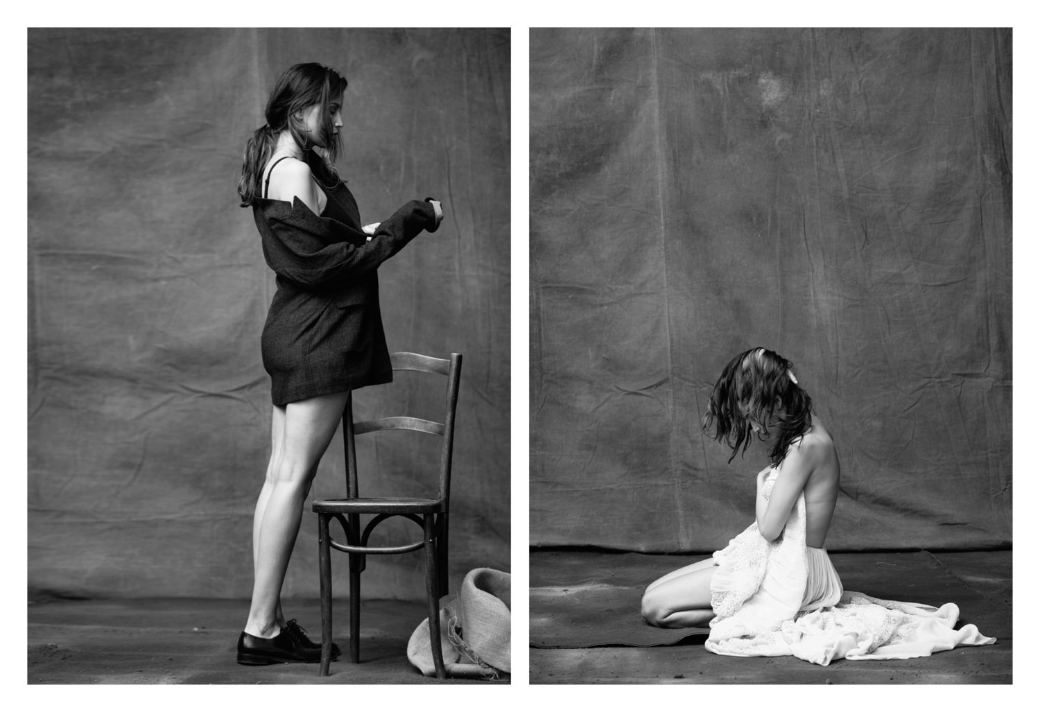 Black and white diptych: A woman in an oversized blazer stands next to a chair; the other kneels draped in fabric against a grey backdrop.