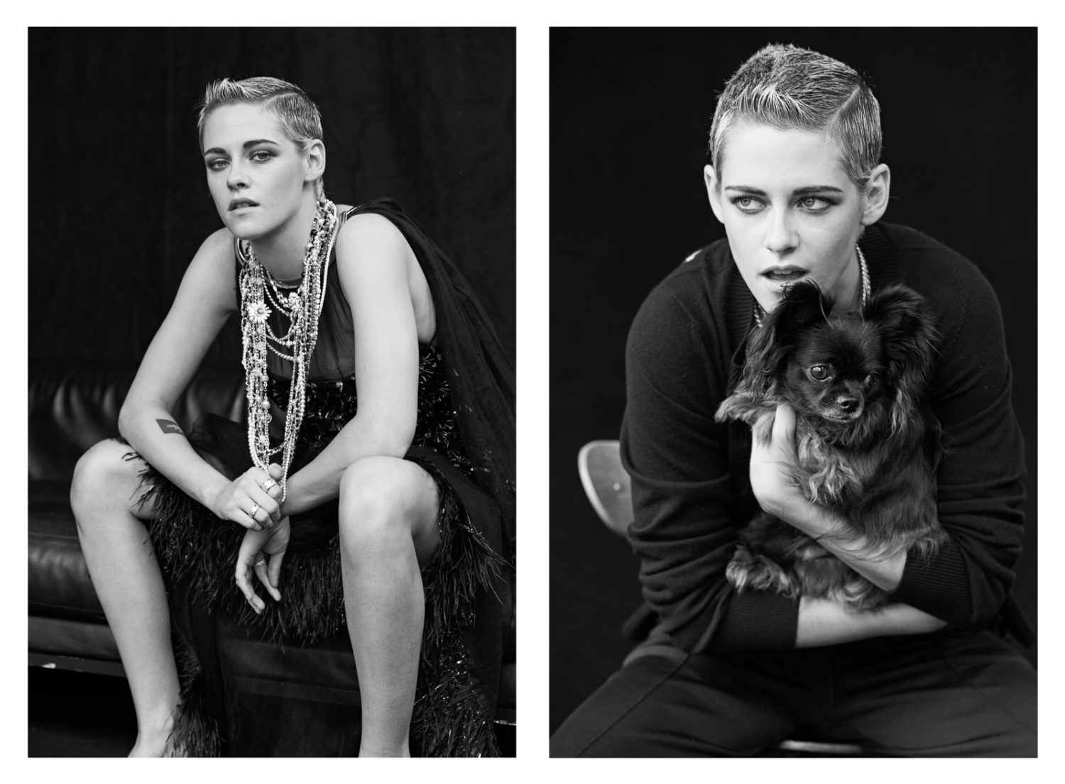 Black and white diptych featuring a short-haired woman in an embellished dress and jewelry, alongside a portrait holding a long-haired chihuahua.