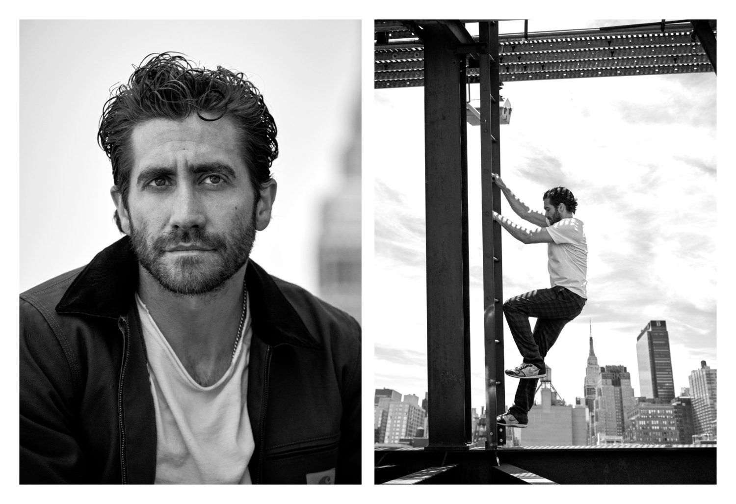 Black and white portrait of actor Jake Gyllenhaal with a man climbing a metal structure against a city skyline as a diptych.