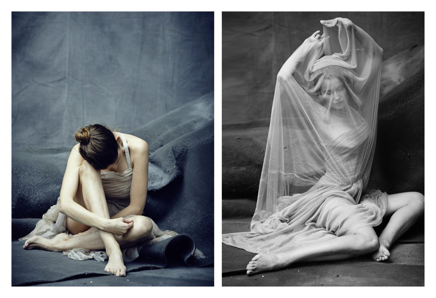 Two-panel portrait of a female in draped fabric, one in color sitting with head down, and the other in black and white, shrouded in sheer cloth.