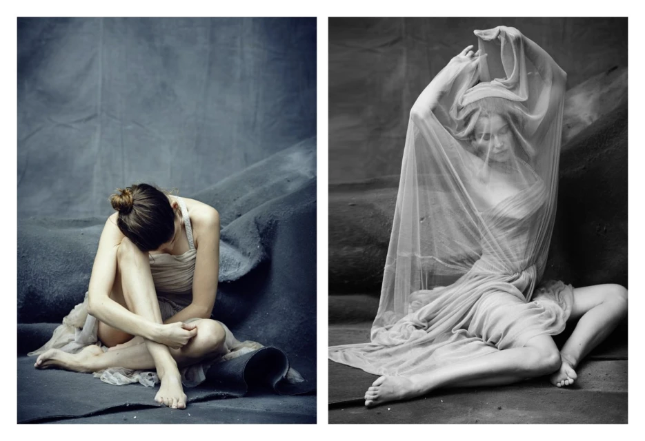 Two-panel portrait of a female in draped fabric, one in color sitting with head down, and the other in black and white, shrouded in sheer cloth.