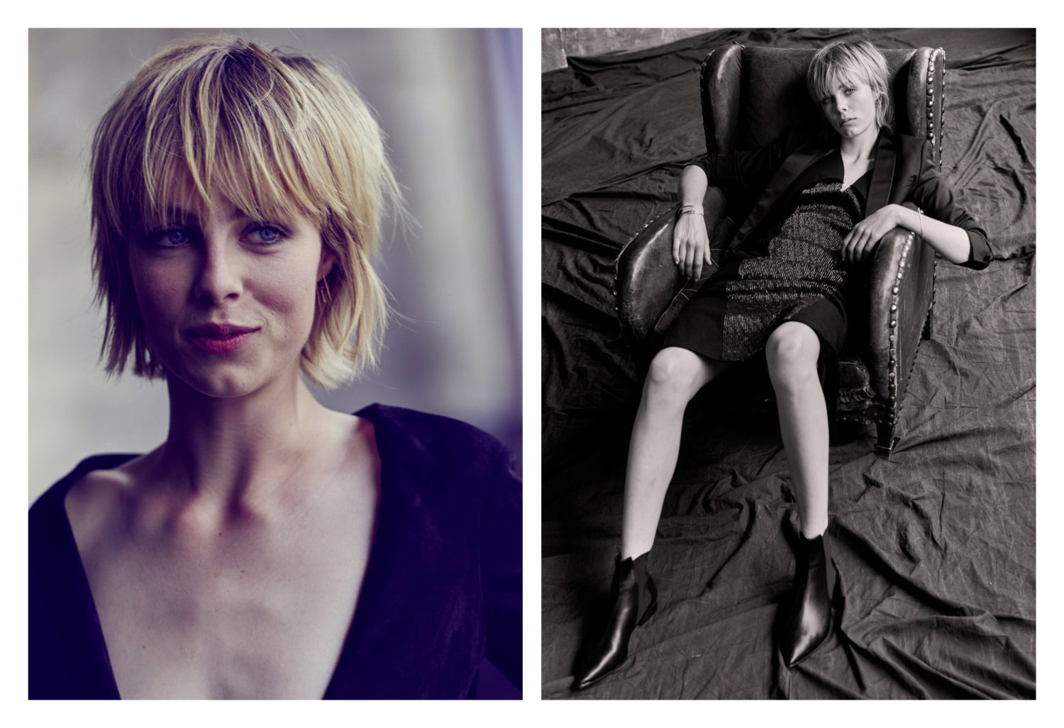 Studio portrait of a fair-skinned woman with short blonde hair wearing a black dress and jacket, posing in a wingback chair.