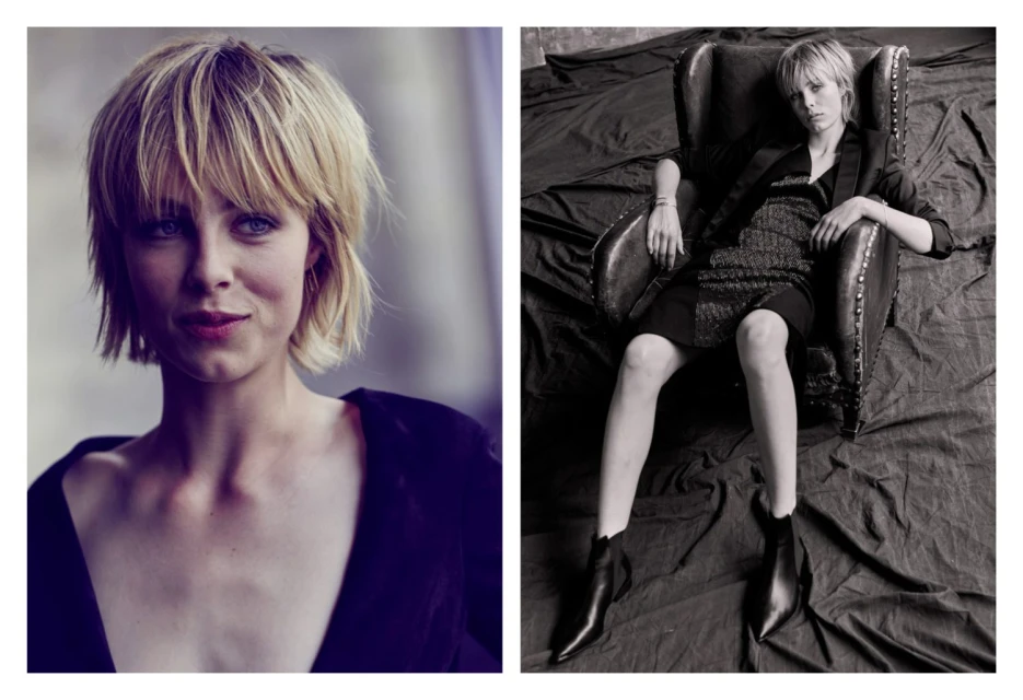 Studio portrait of a fair-skinned woman with short blonde hair wearing a black dress and jacket, posing in a wingback chair.