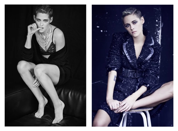 Two-panel portrait of Kristen Stewart: one in black lingerie and the other in an embellished black coat, both with a dark background.