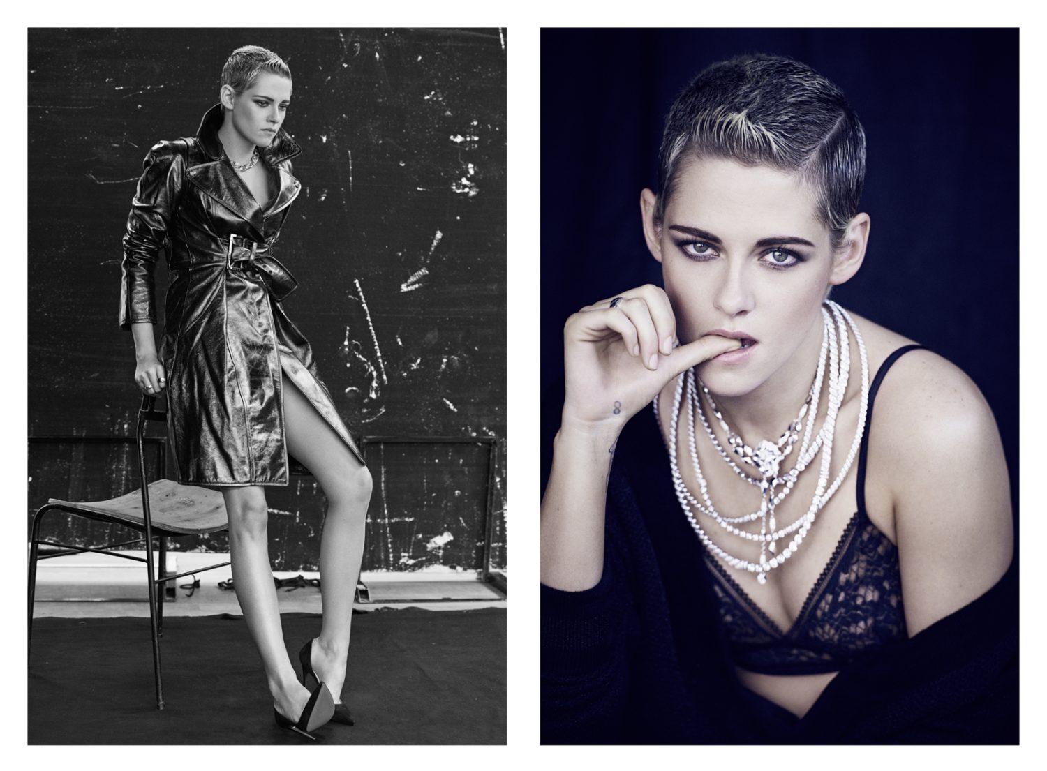Black and white portrait of Kristen Stewart in a shiny trench coat next to a color portrait of her with jewelry and lingerie.