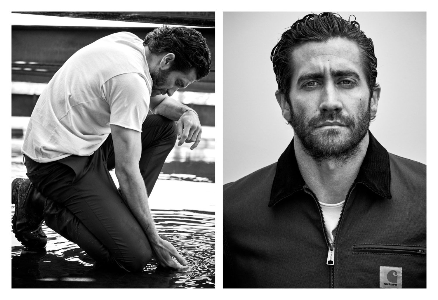 Black and white diptych: Jake Gyllenhaal kneels by water, then a close-up headshot in a Carhartt jacket looking at the camera.