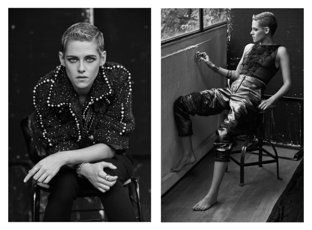 Black and white diptych portrait of a short haired woman in a pearl embellished jacket and dark trousers sitting on a metal stool.