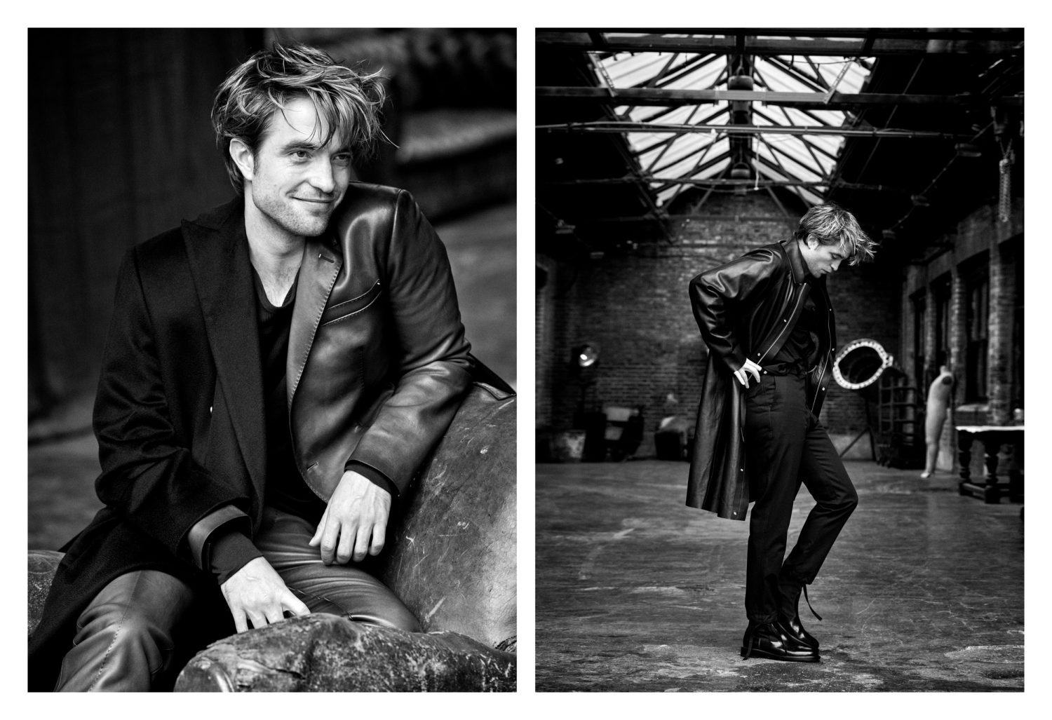 Black and white portrait of Robert Pattinson in a leather jacket, captured indoors with natural light in a fashion editorial style.