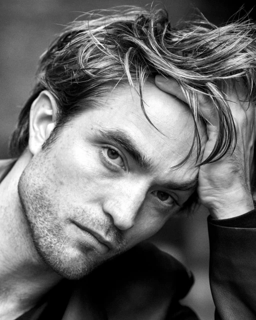 Black and white portrait of a man with light hair, head resting on his hand, looking at the camera. Moody studio lighting. 
