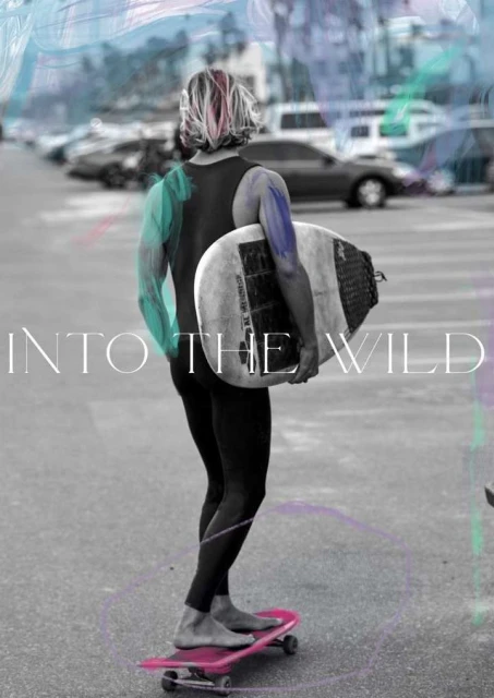 A fair-skinned person with a surfboard and skateboard stands on an urban road with cars parked in the background. Graphic design elements added.