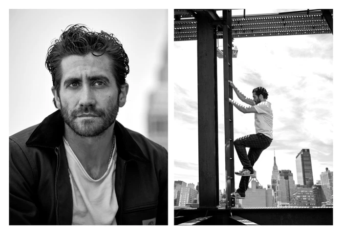 Black and white portrait diptych of actor Jake Gyllenhaal by Matthew Brookes, featuring a close-up headshot and climbing on a structure.