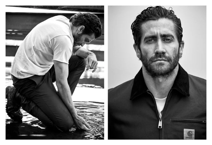 Black and white portrait diptych of actor Jake Gyllenhaal kneeling by water and wearing a canvas jacket