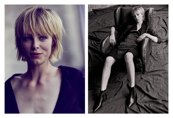 Diptyptch editorial portrait of a blonde woman with short hair seated in an armchair by Matthew Brookes