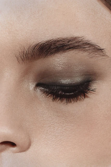 Close-up studio shot of a woman's closed eye featuring dark eye shadow, long eyelashes, and a neatly shaped eyebrow.