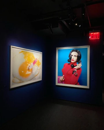 Two framed art pieces in a gallery: one of a fried egg and one of a woman in red holding a telephone in front of a blue background.
